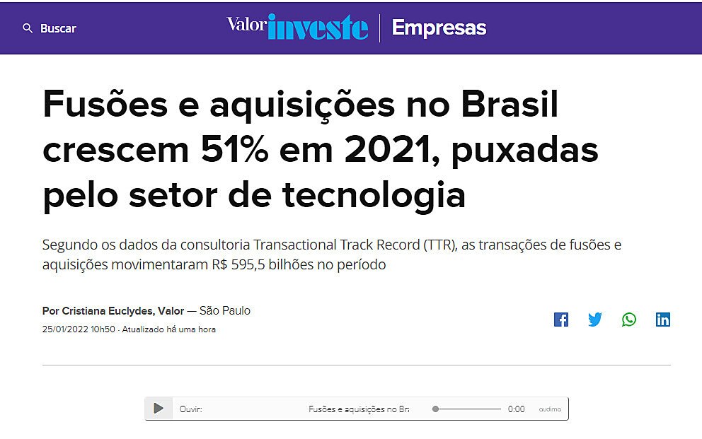 Fuses e aquisies no Brasil crescem 51% em 2021, puxadas pelo setor de tecnologia